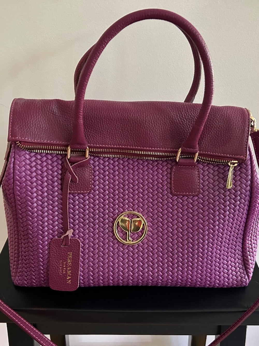 NWT Persaman New York Purple Woven Satchel Handbag